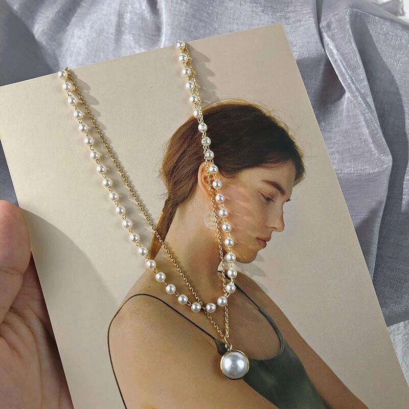 Fashion Super Fairy Niche Double Layer Pearl Pendant Necklace Simple Temperament Collarbone Chain Ladies Jewelry