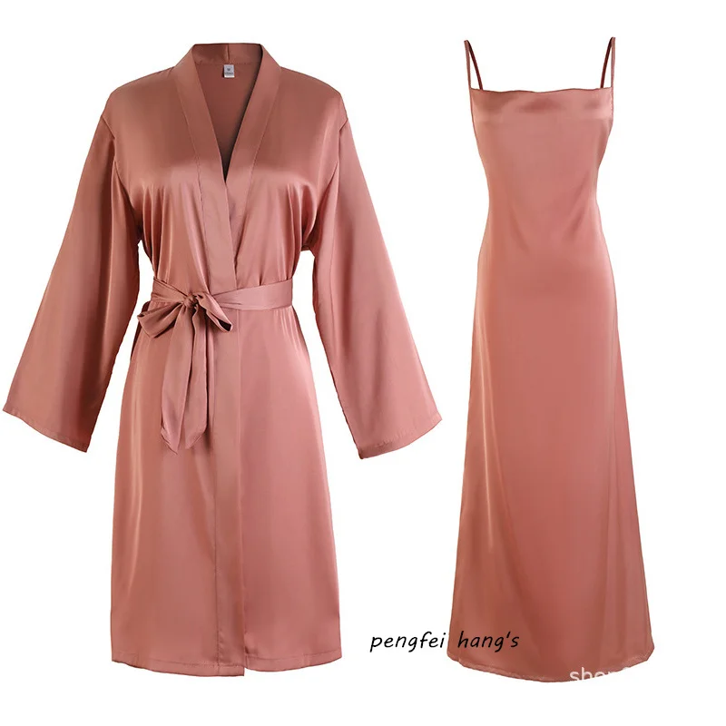 

Long Sleeve Robe Gown Silk Satin Sleepwear Women Summer Loungewear Kimono Bathrobe Sexy Slip Nightwear Bridal Wedding Loungewear