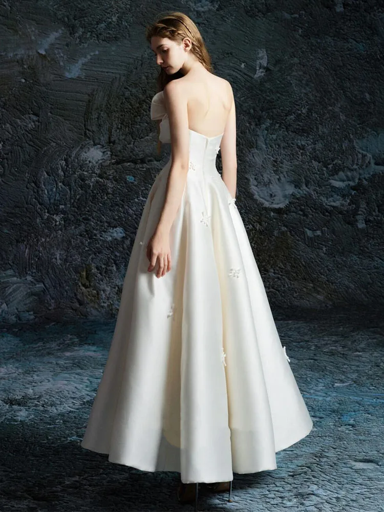 Vestidos de fiesta de princesa sin tirantes de satén, vestidos de fiesta de noche drapeados con pliegues blancos para mujer, vestidos de novia con lazo Simple de Corea personalizados