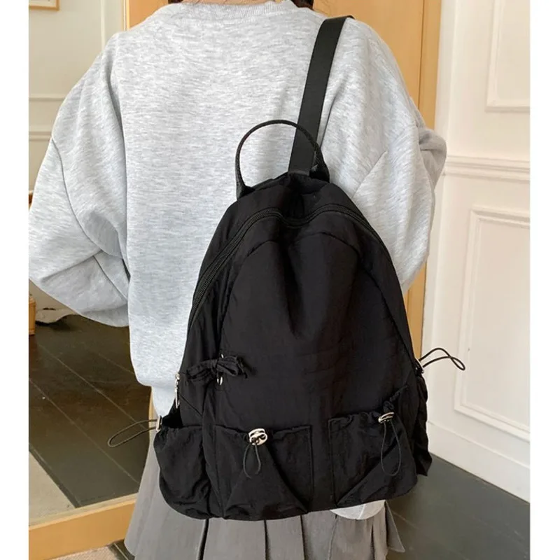 Korea Lightweight Nylon Backpack Women Japan Fashion Drawstring Student Solid Schoolbag Casual Pleated Leisure Travel Backpack