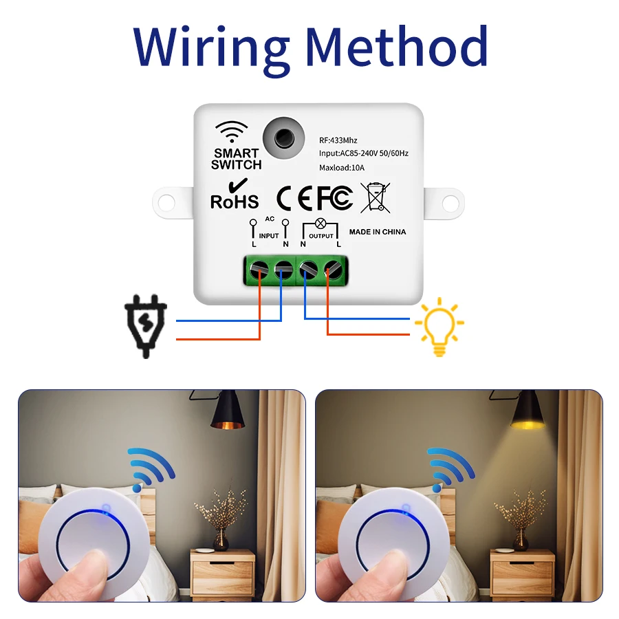 RF 433MHz Wireless Light Switch AC 100-240V Relay Receiver Mini Round Button Switch Remote Control for Home LED Lamp 10A