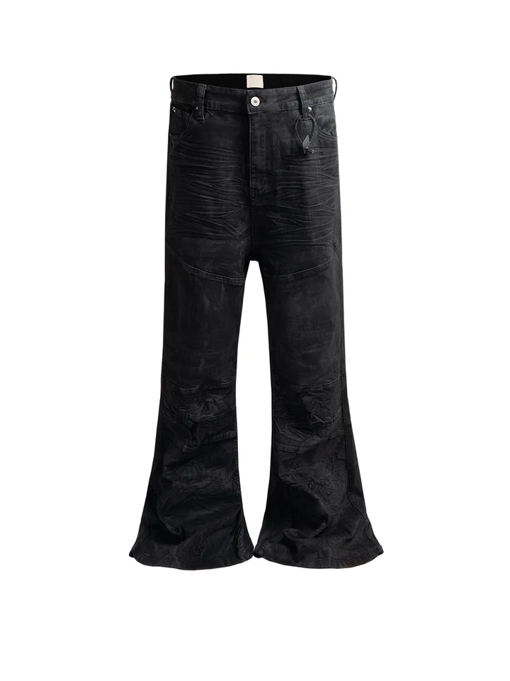 MIJKO Black Wax Flared Wide Leg Jeans Pleated Textured Slim Fit