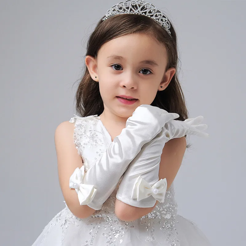 Children Girls Gloves Satin Long Gloves Children\'s Day Party Performance Dance Gloves with Bowknot Kids Dress Accessories