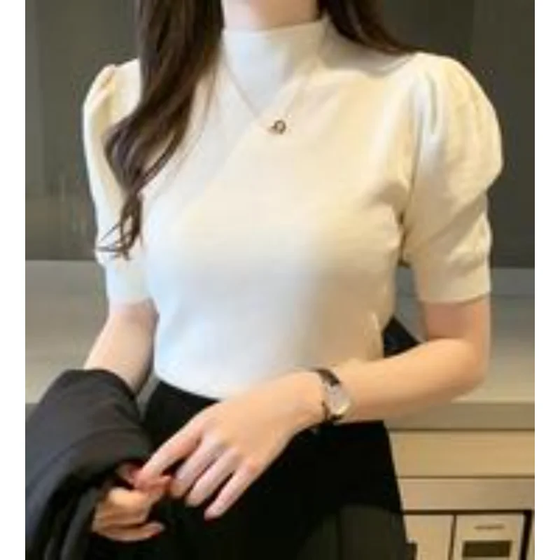 女性用半袖Tシャツ,ニット,春のノースリーブTシャツ,タートルネック,2023