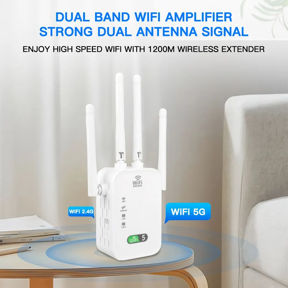 듀얼 밴드 와이파이 리피터, 무선 신호 확장기, 1200Mbps, 2.4G, 5GHz, 와이파이 증폭기 라우터, 가정용 장거리 신호 부스터