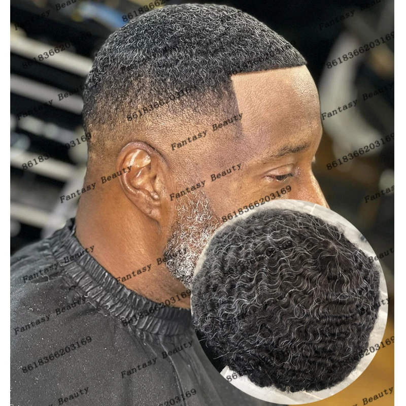 

African American Black Man 100% Human Hair Men Toupee Super Comfortable 10mm 360 Wave Natural Hairline Gray Capillary Prosthesis