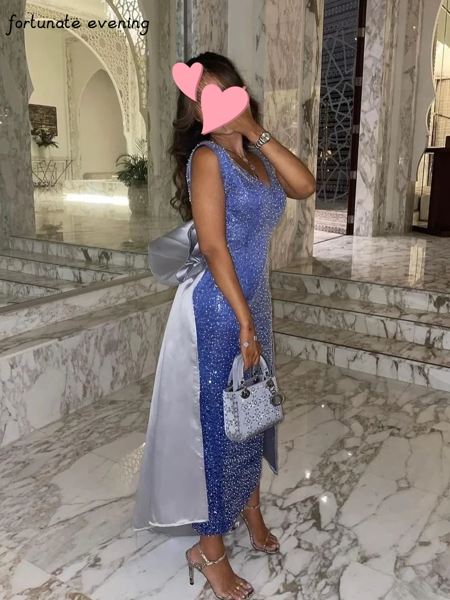 

Fortunate Evening Elegant Vintage Blue Sequins Bow Shiny Lace V-Neck Formal Occasion Prom Dress Evening Party Gowns