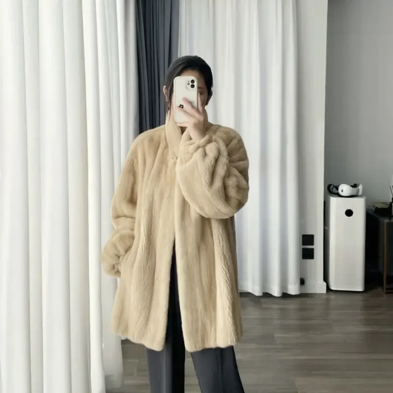 Black Stand collar Imitation Mink Coat 2026 Autumn Winter New Ladies' Temperament Socialite Coats Female Warm Parka Overcoat