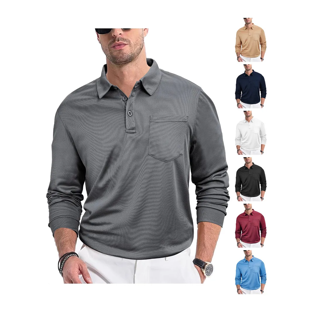 

New hot-selling fashion trend men's casual loose button placket solid color long sleeve mesh fabric polo shirt with collar