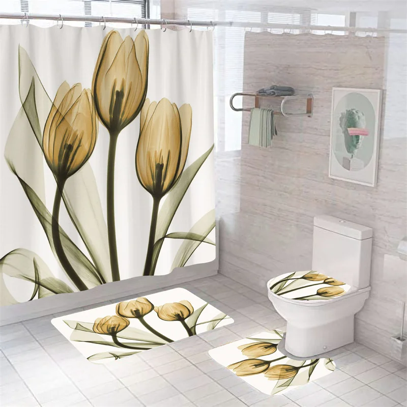 Flowers Print Shower Curtain Nordic Bath Curtain Waterproof Anti-slip Plants Bath Mat Set Bathroom Decorative Carpet Toilet Rugs