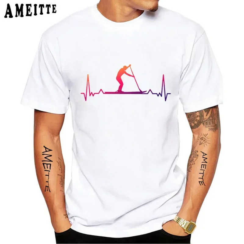 New Summer Fashion Men Short Sleeve Paddle Boarding SUP Heartbeat Print T-Shirt Hip Hop Cool Boy Tops Funny Sport Man White Tees