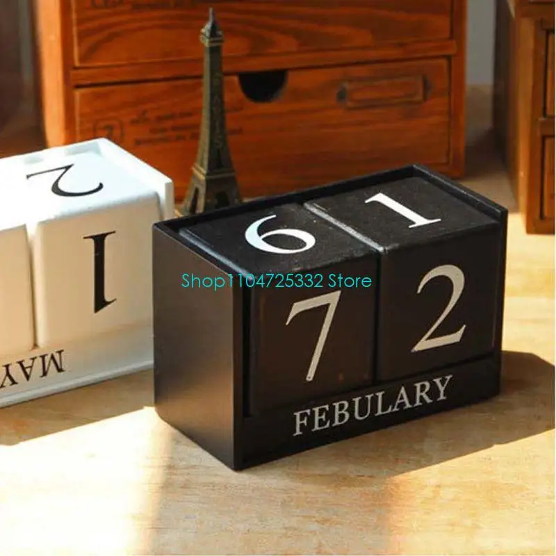 P5EA Vintage Wooden Calendar Blocks Month Date Display Desktop Acce