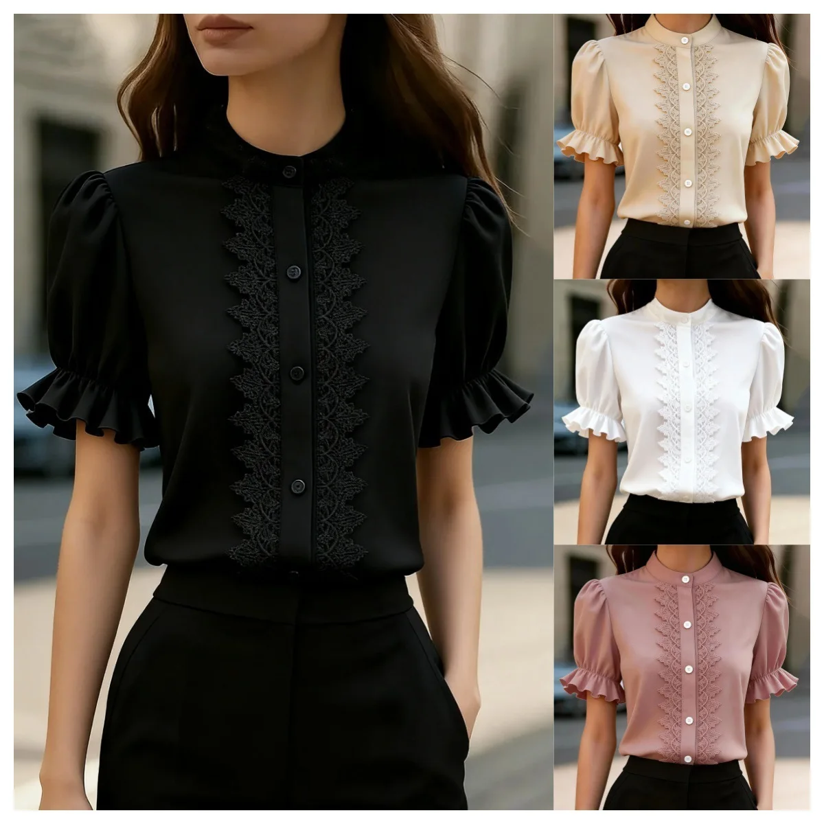 

2026 New Summer Style Stand Collar Lace Patchwork Puff Sleeve Short Sleeve Shirt For Women