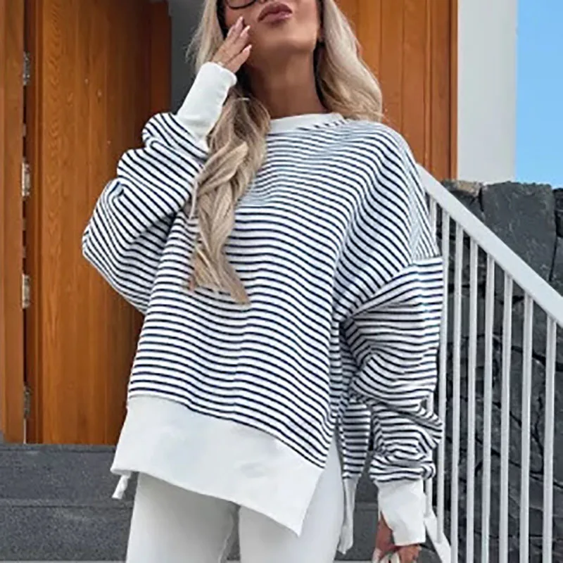 เสื้อสเวตเชิ้ตแขนยาวลายทางแฟชั่น ดีไซน์เก๋ คอทรงโอ ทรงหลวม สไตล์ลำลอง เหมาะสำหรับใส่ทำงานหรือเล่นกีฬา เสื้อผู้หญิงใหม่เรียบง่าย สไตล์พูลโอเวอร์ สำหรับฤดูใบไม้ร่วง