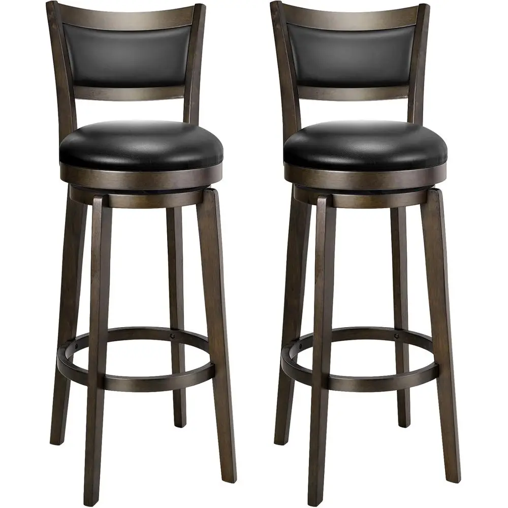 

Pair of 34 High-Back Black Faux Leather Swivel Bar Stools with Solid Wood Legs