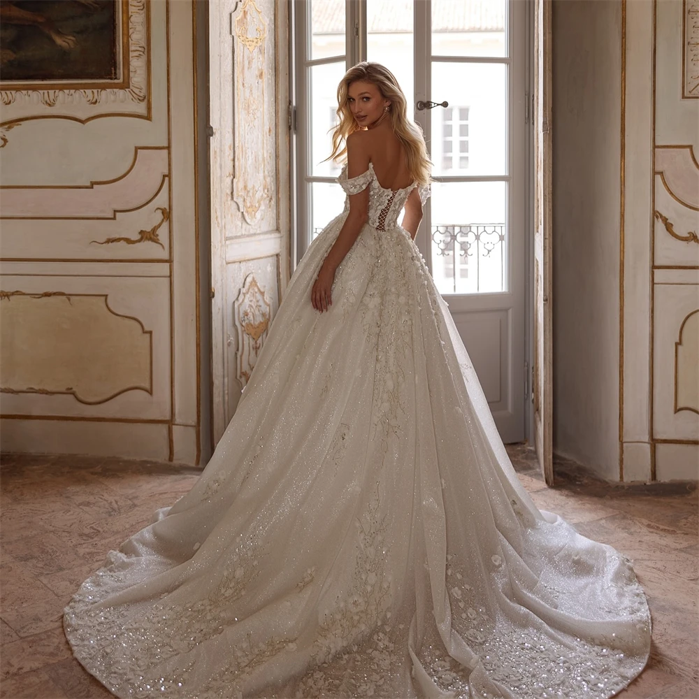 

Customized Sexy White Organza Wedding Dress Soft Sweetheart Off the Shoulder Bridal Gowns Boho A-Line Court Train Robe de mariée