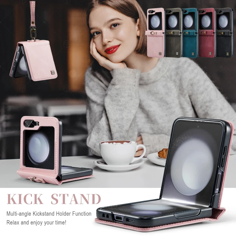 

Strap Leather Phone Case for Samsung Galaxy Z Flip7 FE Flip6 Flip5 Flip4 Stand Phone Cover Card Slots Anti Fall Bumper Case