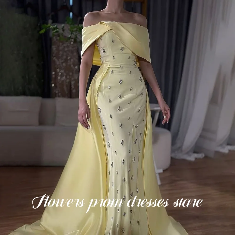 

Flowers Yellow Prom Dress Trumpet Party Dress Off Shoulder Evening Dress Arabic Women vestido fiesta فساتين مناسبة ر Customized