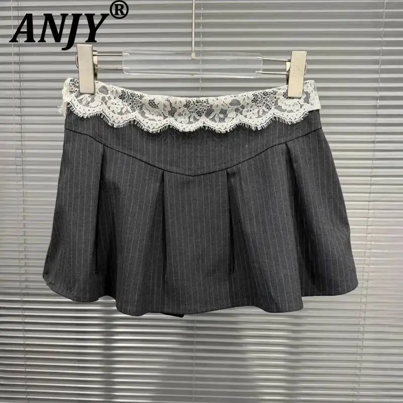 

ANJY Summer New Women Korean Style Design Lace Patchwork Striped Pleated Mini Skirt Sweet Cool Casual Niche A-Line Skirts A24256
