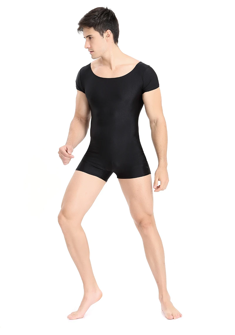 Men Bodysuit Black Ballet Unitards Gym One Piece Leotard Short Sleeve Scoop Neck Spandex Stretch Gymnastics Bodysuit Dancewear