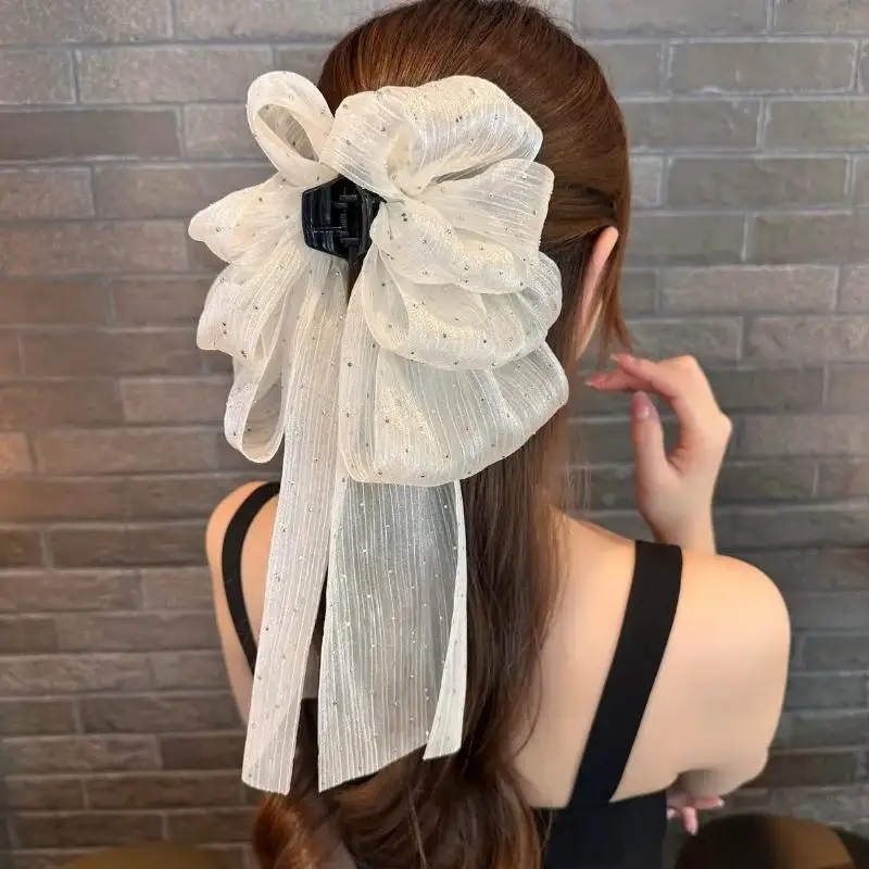 1 Stück Four Seasons Vintage Sparkle Bow Haarklammer, geeignet für Party/Datum, Netzstoff mit glitzerndem Strass-Design für sicheren Halt des Haares – Detail 7