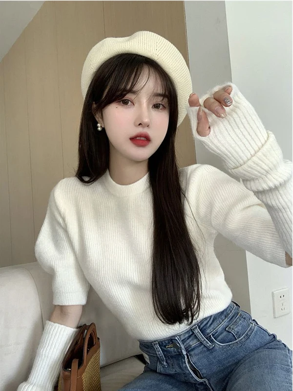 

Женский круглый трикотаж Ne Bubble Sve Long Sve Overhead Winter для похудения, универсальный дизайн, корейский топ