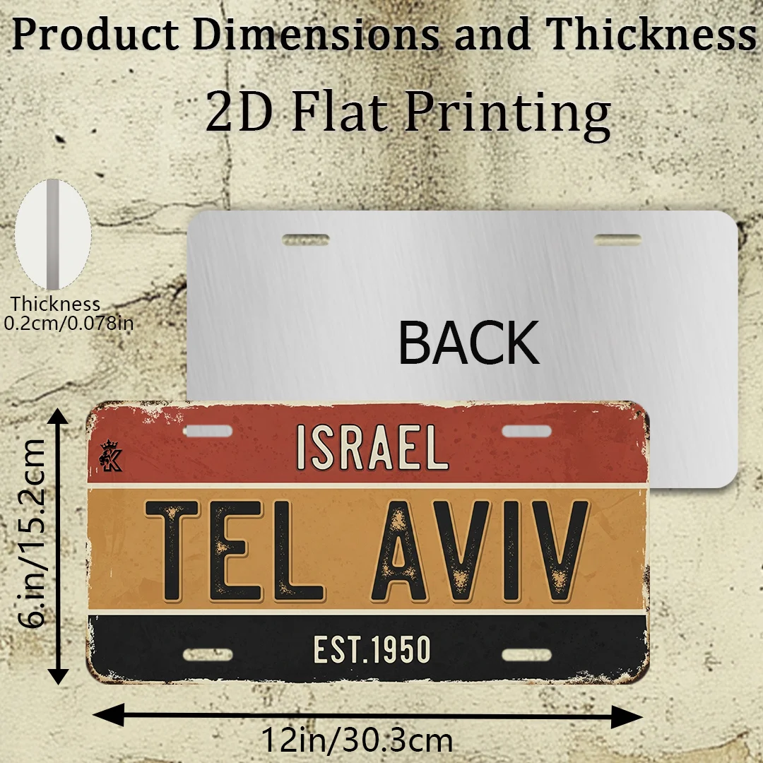 Vintage Israel Tel Aviv EST.1950 License Plate Style Metal Aluminum Plate Painting HD Print Bendable Wall Art Decor for Garage M