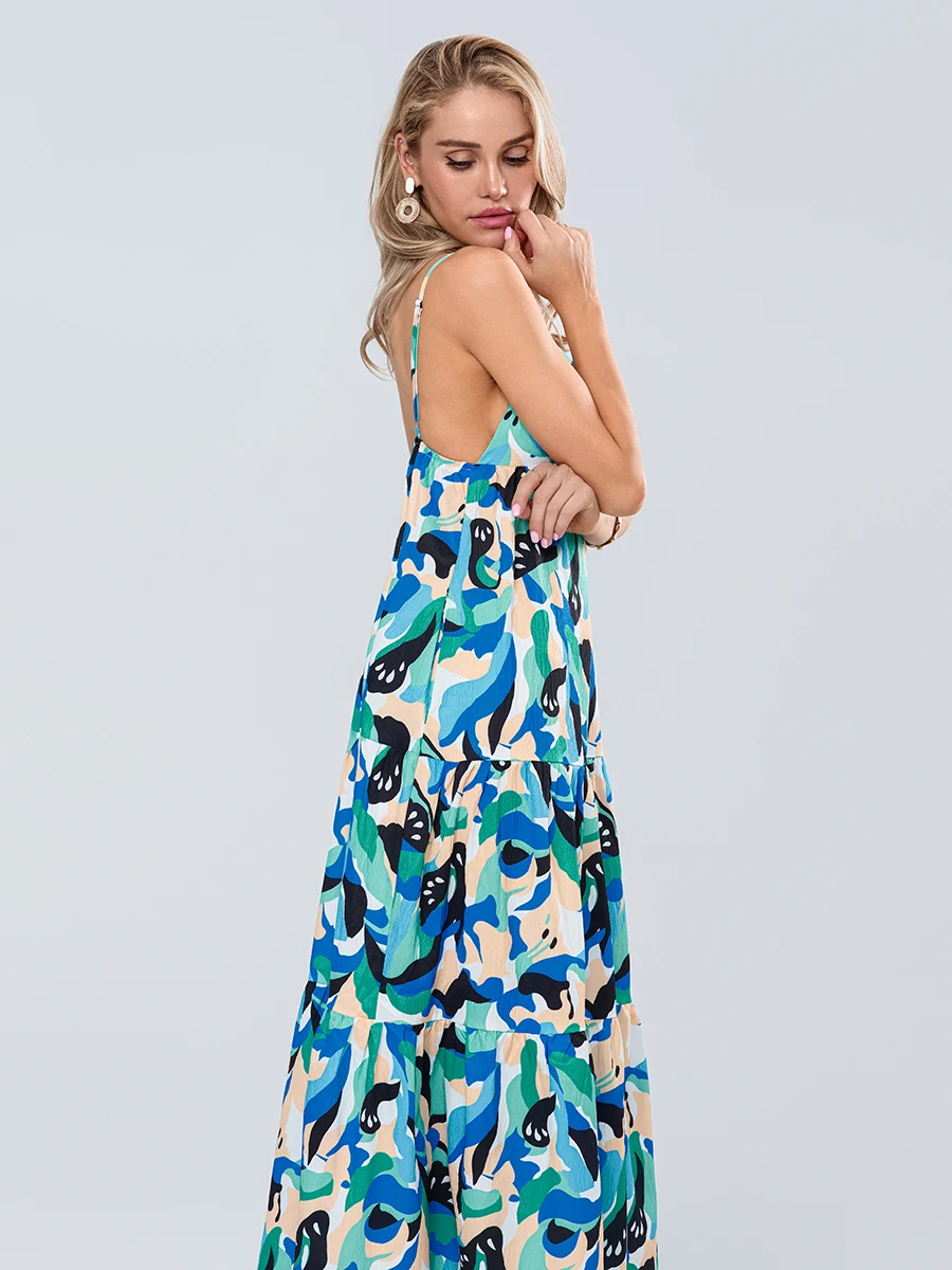 Long Dress for Women Summer Fashion Print Strap Sweetheart Neck Sleeveless Backless Flowy Slim Cami Dresses 90s Vintage Dress