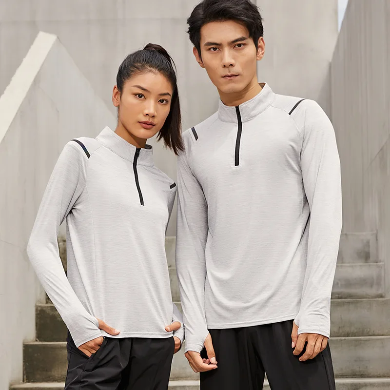 Outdoor Rash Guard Men Women Sports T-shirts Solid Color Long Sleeve Half Zipper Dry Fit Couple Gym Fitness Running Tee Tops