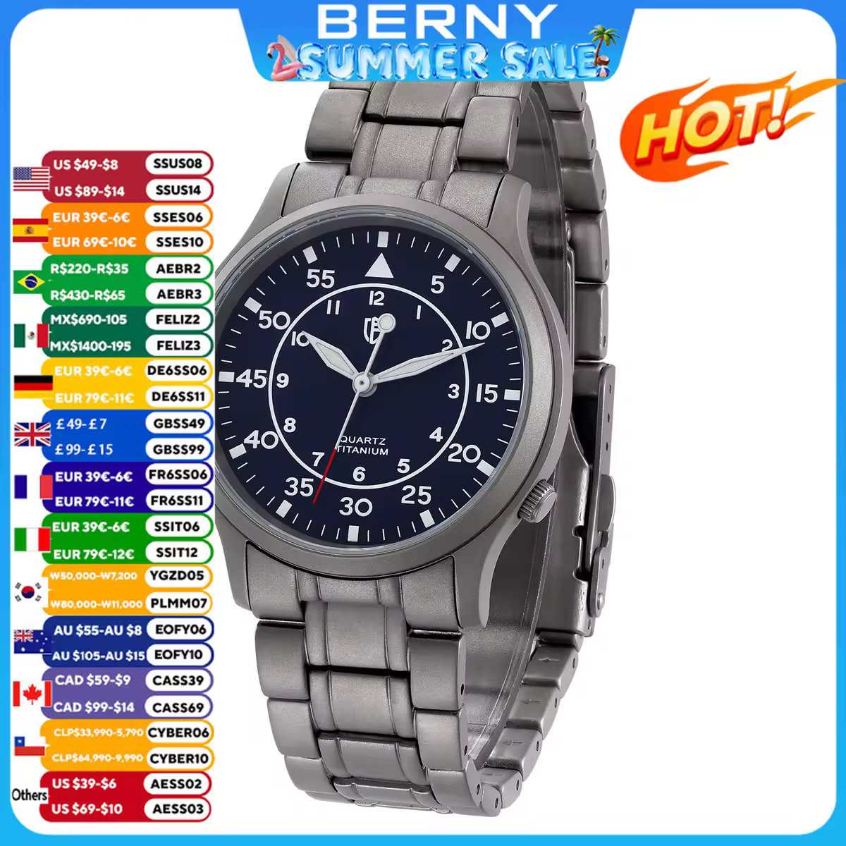 BERNY Titânio Homens Relógio de Quartzo AR Revestimento Safira Moda Relógio de Pulso Luminoso VH31 Ultra-fino Relógio de Pulso À Prova D 'Água 5ATM