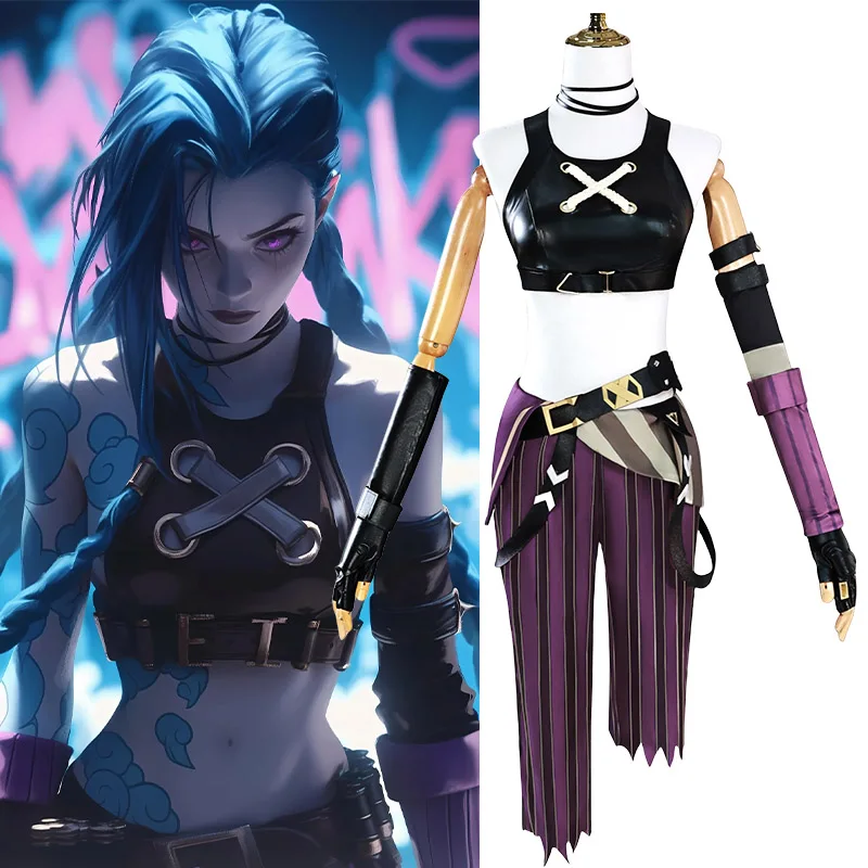 LOL Jinx Cosplay Costume Anime LOL Arcane Jinx Cosplay Outfit Uniform Halloween Suit Halloween Costume Jinx Wigs Chanel