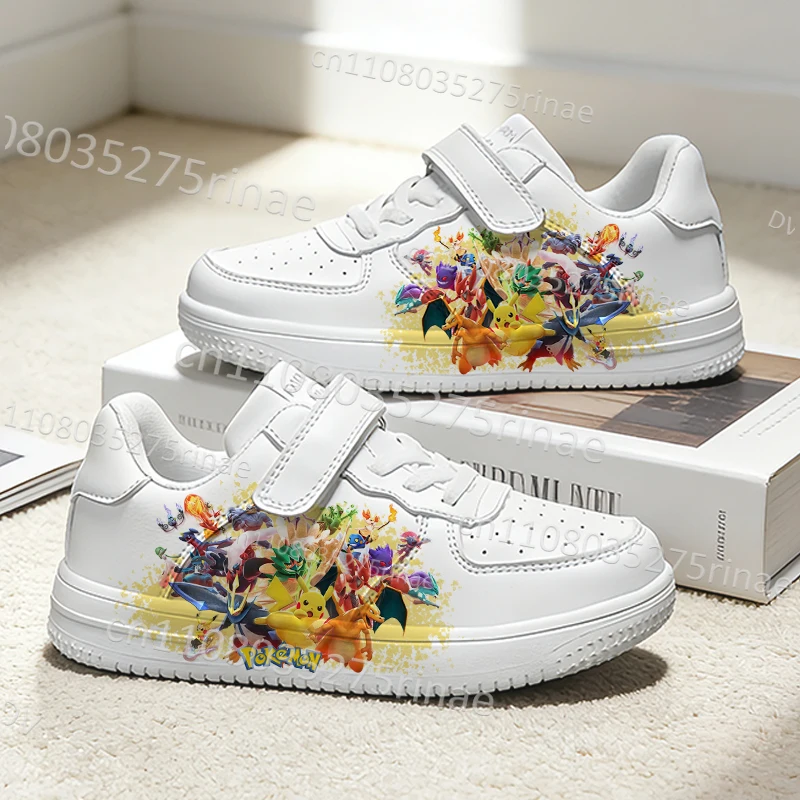 ポケモン青少年学生スポーツランニングホワイトシューズ男の子女の子用puレザーデザイン軽量滑り止めケイトボーディングシューズ