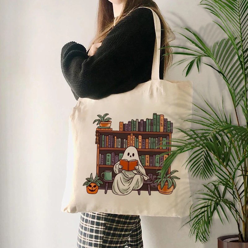 Bolsa de ombro feminina Halloween, Padrão fantasma assustador, Bolsa de compras, Amante de livros, Merch, Presente para amigos, professores, bolsas fofas