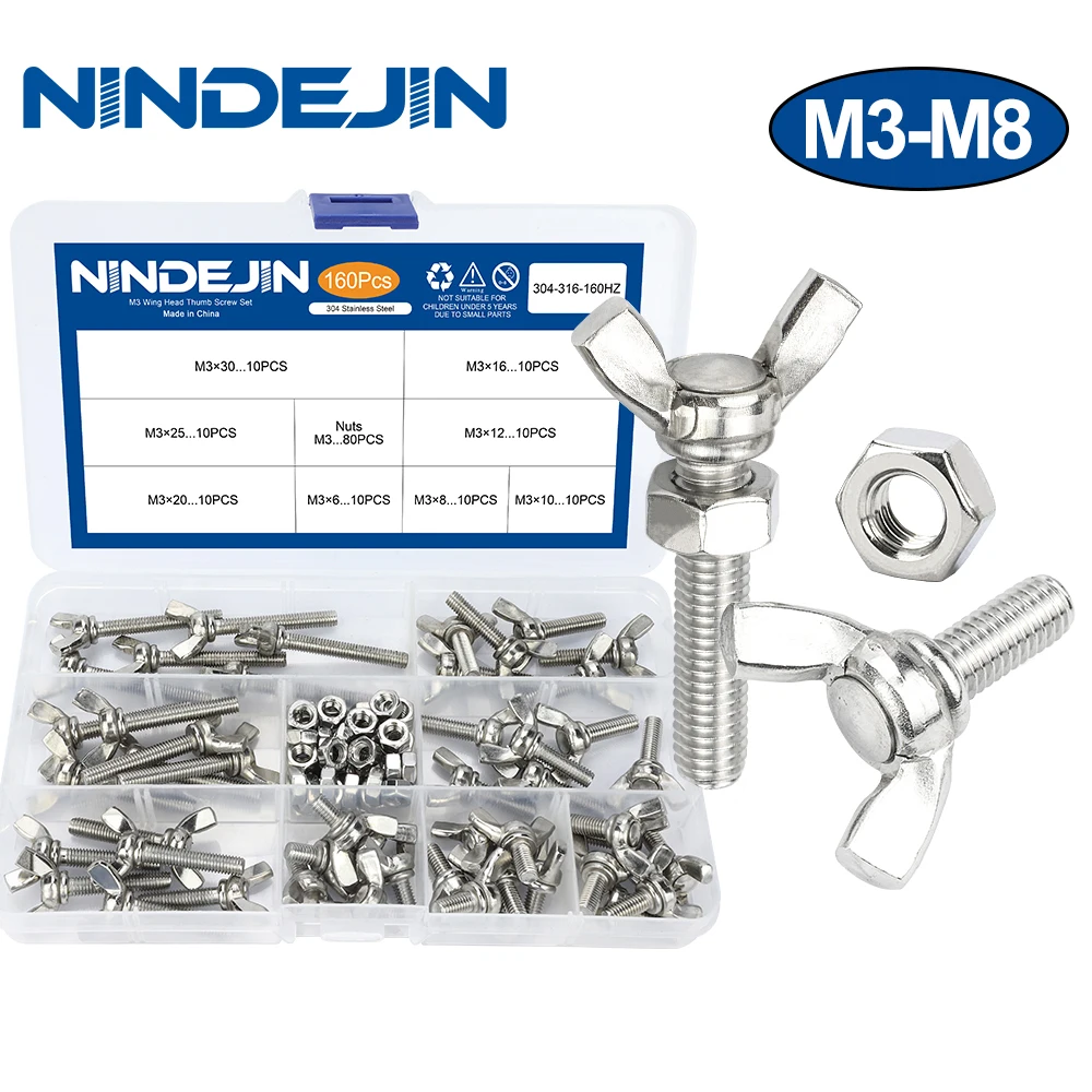 NINDEJIN wing bolt set butterfly screws with nut stainless steel m3 m4 m5 m6 m8 wing-head thumb screw kit DIN316