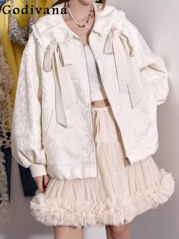 

Spring Elegant Lace Temperament Turn-down Collar White Coat Sweet Bow Loose Fashion Age-reducing Versatile Long-sleeved Tops