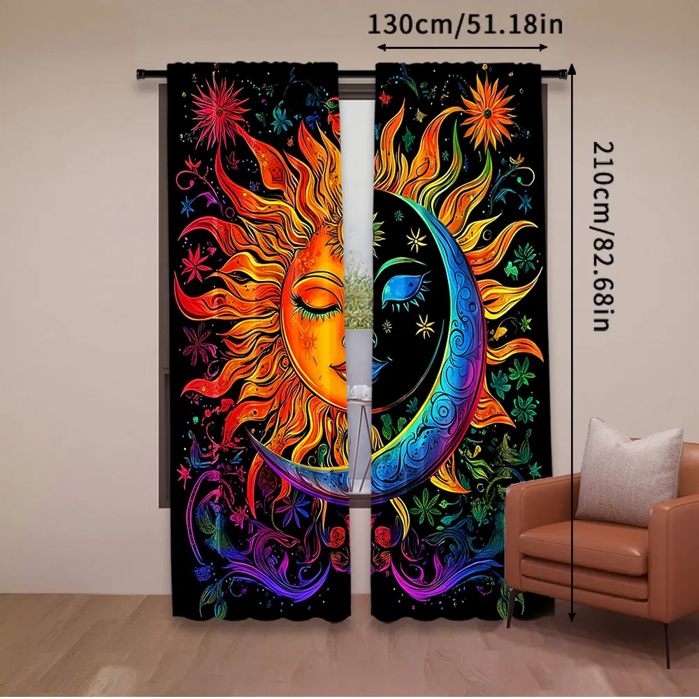 2Pcs Whimsical Abstract Sun Moon Pattern Curtains Fantasy Style Suitable For Living Room Dining Room Kitchen Bedroom Bathroom