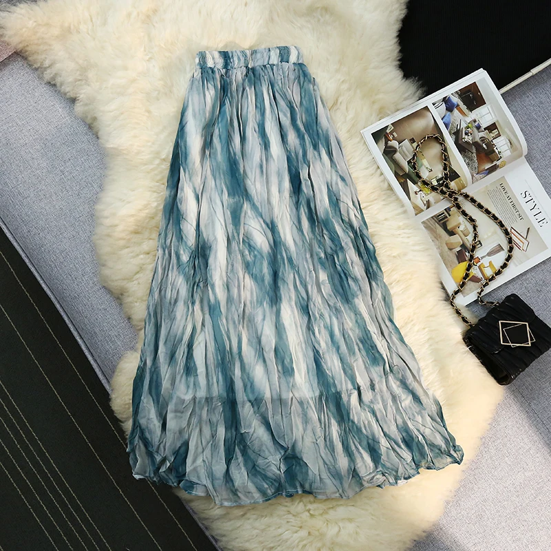 

Vintage Fold Pleated Skirt Women Spring Summer Elastic High Waist A-Line Big Swing Midi Long Skirt