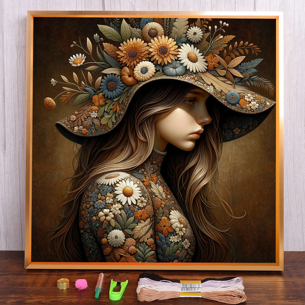 

Flower Girl Printed Fabric 11CT Cross-Stitch Full Kit Embroidery Needlework Hobby Handiwork Painting Home Decor Needle Package