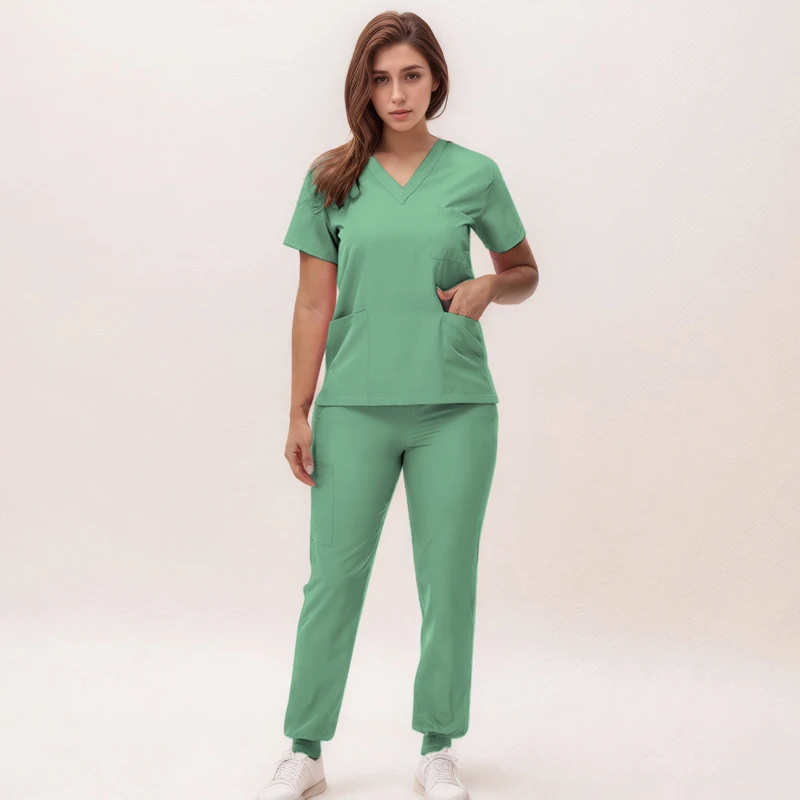 

Short Sleeves Nurse Uniforms V-neck Top Jogger Pants Women Surgical Scrubs Dentist Nursing Suit Pet Hospital Doctor Outfit