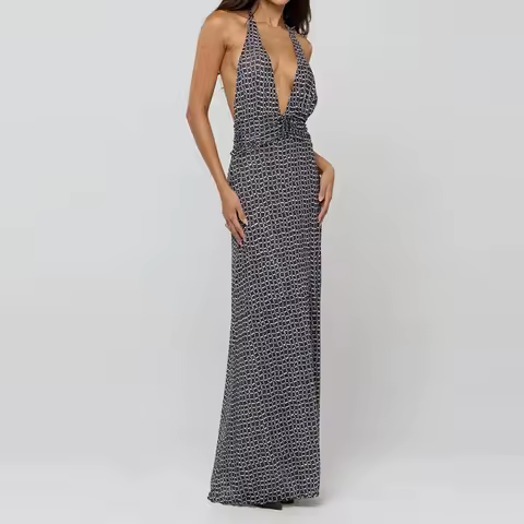 V-neck Backless Printed Maxi Dress Temperament Lady Hollow Out Slim Banquet Dress Elegant High Waist Pleated Evening Dress