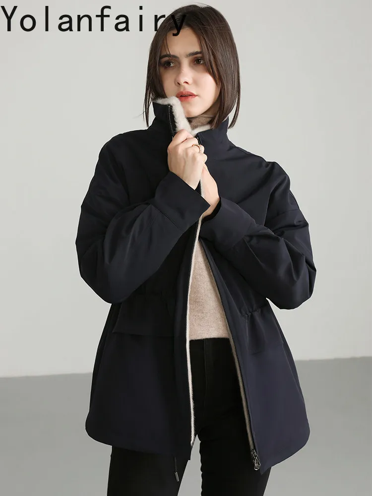 YOLANFAIRY Women's High-end 100% Real Fur Genuine Mink Coat Winter Square Collar Parka Detachable Natural Whole Mink Fur Liner