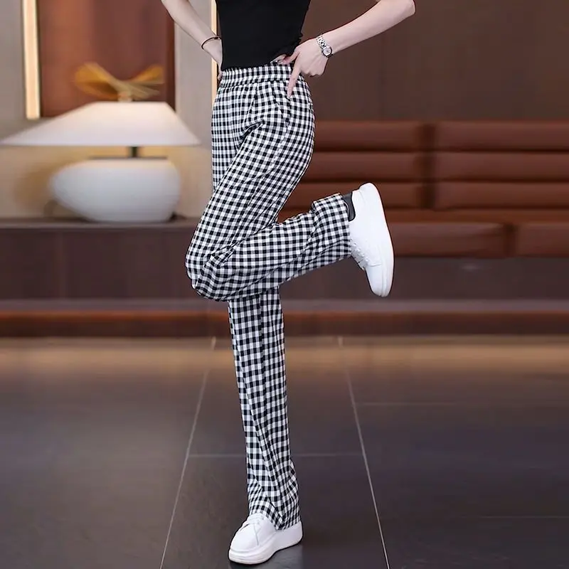 Spring Summer Checkered Pockets Contrast Color High Waisted Elastic Casual Loose Women\'s Clothing Wide Leg Trousers Pants