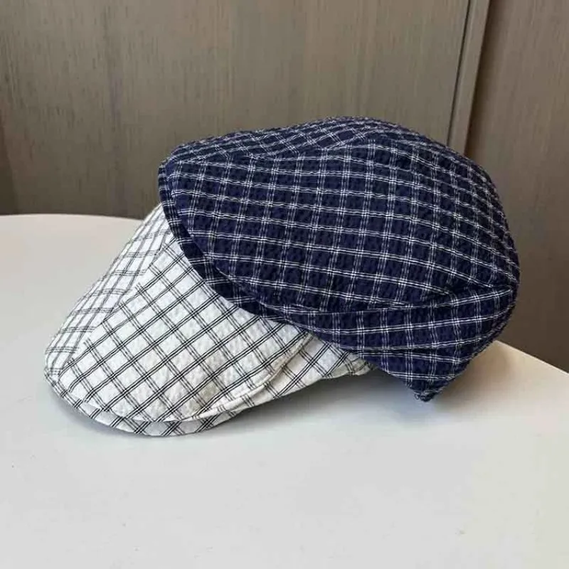 Ganzjährig tragbare, künstlerische Freizeitmütze im College-Stil mit Karomuster für Damen – Süße Künstlermütze, umkehrbar tragbare Forward Cap