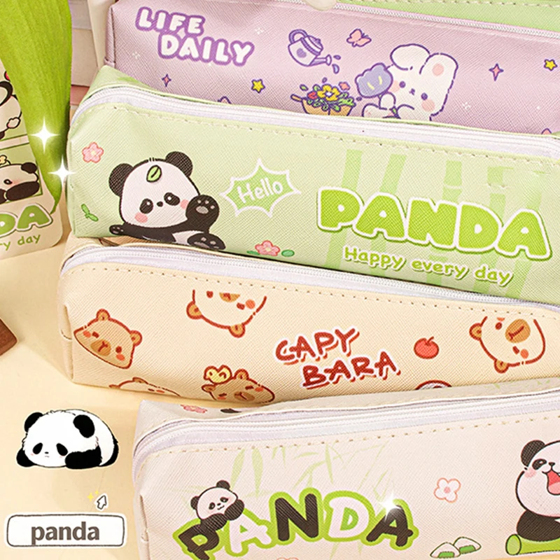 Cartoon Fashion Canvas Capybara Panda Rabbit Pencil Bag Cute Creative Stationery Box Large Capacity Pencil Case School Supplies