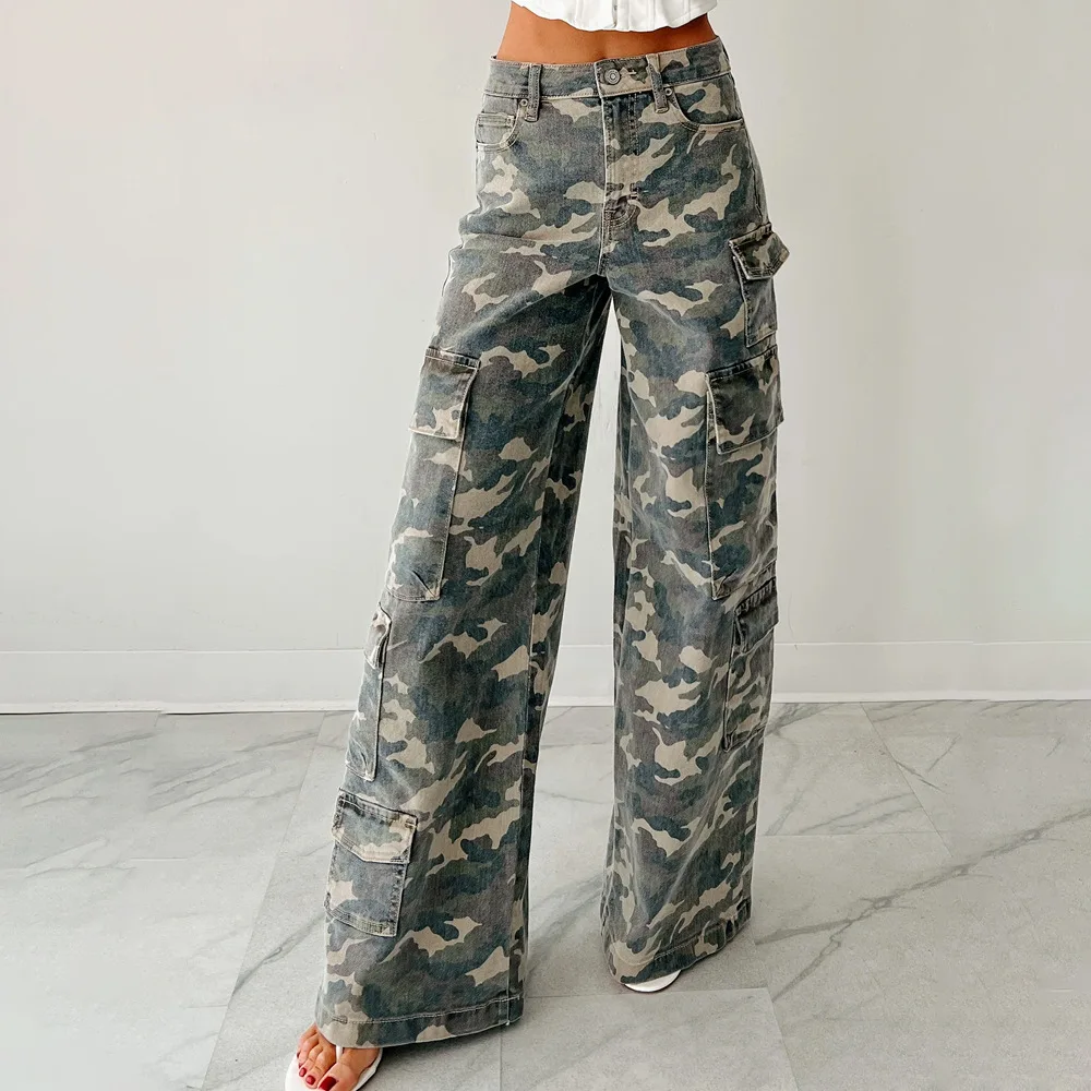 

Women's Vintage Camouflage Wide Leg Cargo Jeans High Waist Multi Pocket Baggy Pants Stylish Casual Lady Streetwear Daily Wear