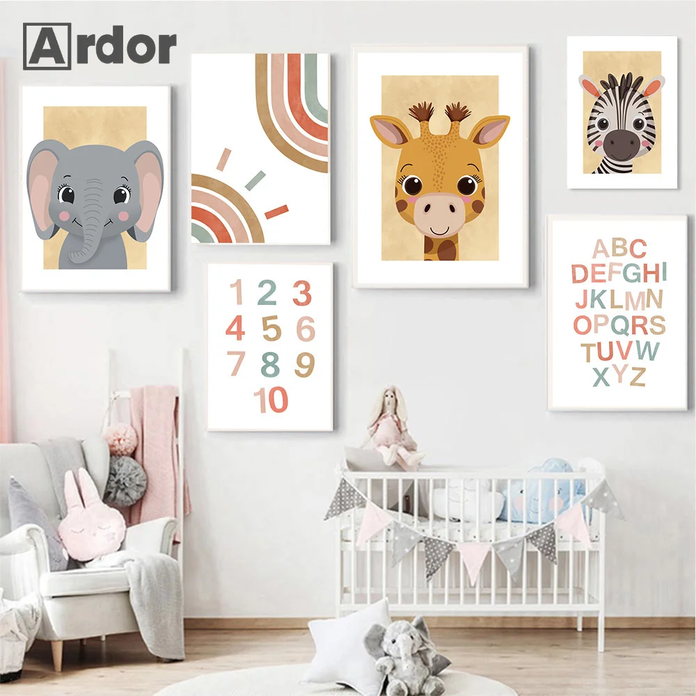 Cartoon Safari Animals Lion Zebra Deer Poster Canvas Painting Boho Nursery Print Wall Art Pictures Nordic Kid Bedroom Home Decor