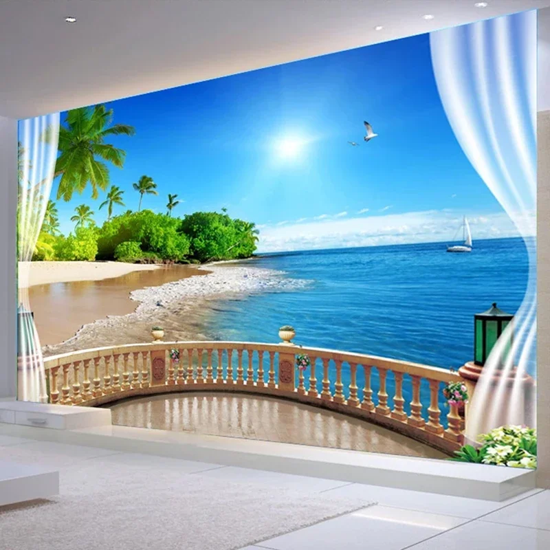 Custom 3D Wall Wallpaper Painting Balcony Window Sea View Large Mural Beach Landscape Living Room Bedroom Papel De Parede Tapety