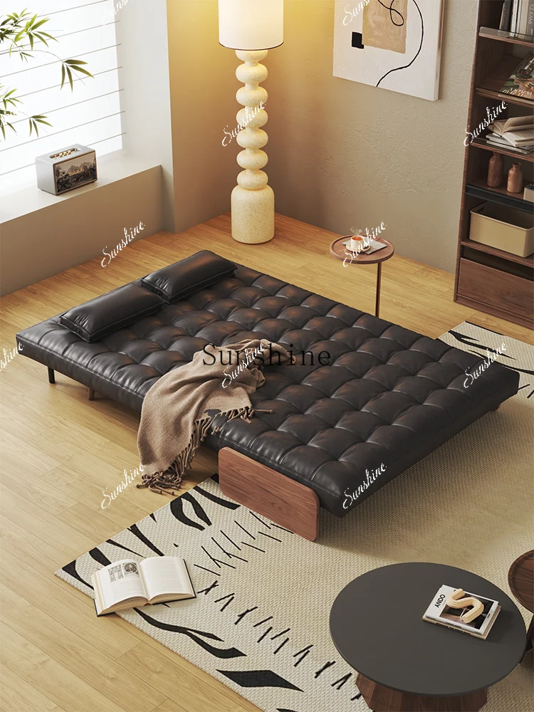 

Sofa bed leather folding dual-purpose small apartment multi-functional study solid wood leisure FT
