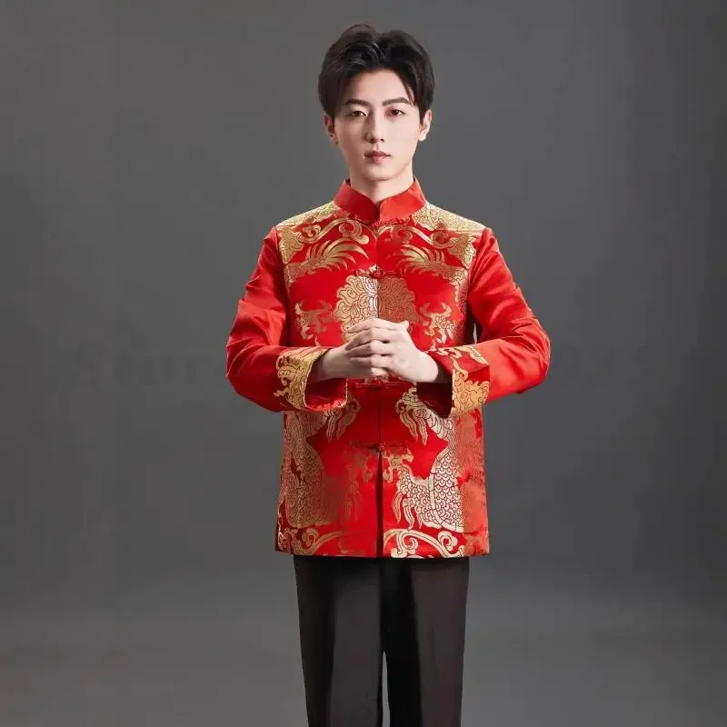 Men's Chinese Traditional Jacket Plus Size 3XL Tang Suit Top Male Vintage Button Coat Stage Performance New Year's Red Clothing