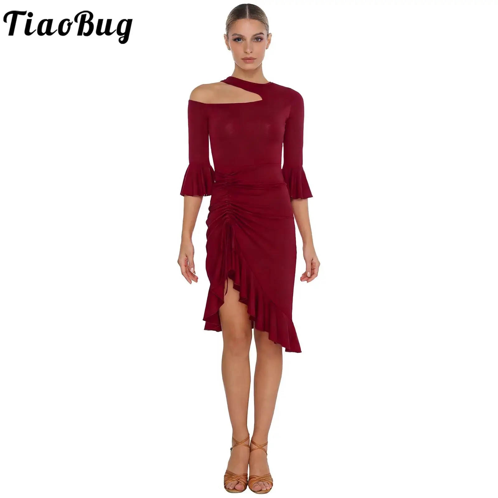 

Women Latin Ballroom Dance Dress with Safety Shorts Sexy Half Sleeve Ruffled Trim Dress Tango Cha-cha Salsa Dance Costume Sets